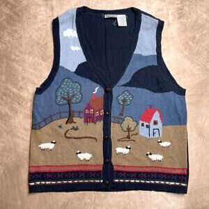 Vintage 90s Capacity Farmhouse Sheep Embroidered Sweater Vest Multicolor Knit